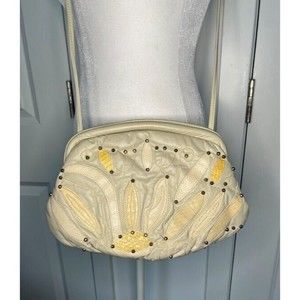 Vintage Purse Clutch Bag 1980s Cream Leather Snake with Beading Embroidery